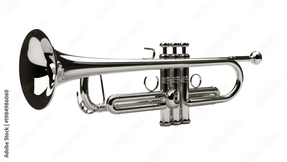 Naklejka premium Shiny silver trumpet with three valves, isolated on transparent background