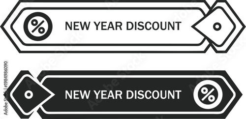 Minimal black and white new year discount label with percentage sign and ribbon