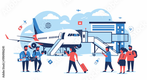 Cuadro en lienzo Airplane at airport with passengers illustration for travel concepts