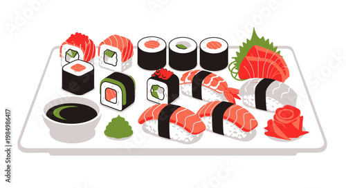 Assortment of sushi rolls and sashimi with soy sauce and wasabi on a tray