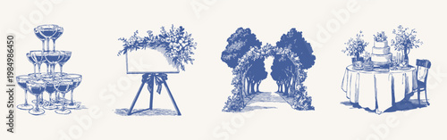 Champagne glass pyramid floral arch banquet table composition. Depicts stacked glasses, flowers, greenery arch and decorated dining setup. Illustrations for invitations and posters in hand drawn style