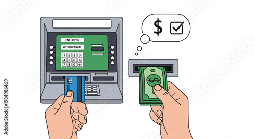 Atm transaction illustration hand inserting card and receiving cash