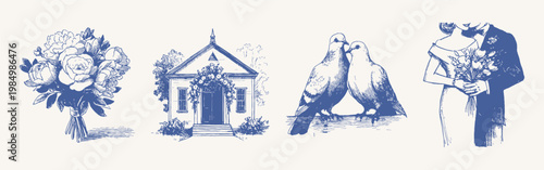 Bouquet chapel doves couple romantic wedding illustration set. Shows flowers, small church, birds and loving pair. Illustrations for invitations and branding in hand drawn sketch style.