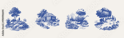 Pastoral countryside scenes sheep cottage garden rural landscape set. Detailed compositions show farm life, trees and nature elements. Illustrations for packaging and decor in hand drawn sketch style.