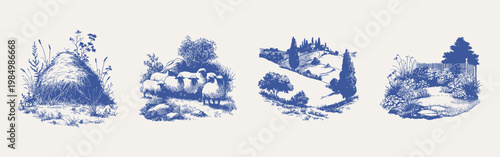 Vintage rural elements haystack sheep hills countryside composition. Natural scenes with plants, animals and terrain details. Illustrations for prints and wrapping in hand drawn style.