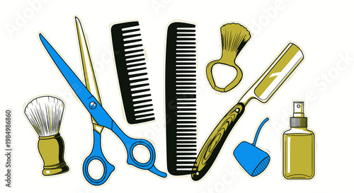 Barber tools illustration featuring scissors combs brush razor and spray