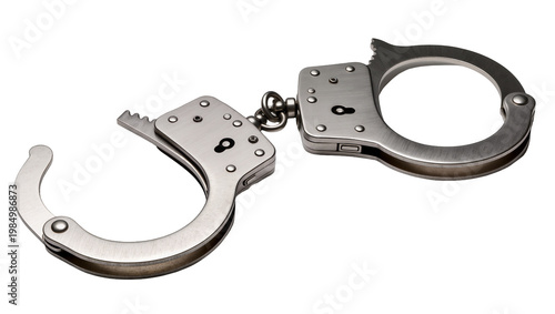 Photos Shiny metal handcuffs with security locks, isolated on transparent background