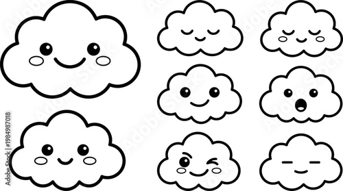 Cute cartoon clouds with different happy facial expressions vector art