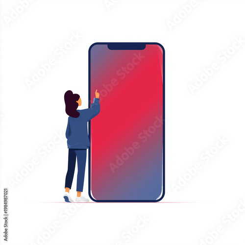 Illustration of a small person touching a large smartphone screen, representing digital interaction.