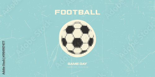 Classic soccer ball in halftone pixel style on light blue vintage background. Banner for football championship and sports events promotion, vector illustration.