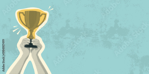 Human hands holding winner trophy cup in halftone retro style. Scene for football victory celebration and sports achievement award, vector illustration.