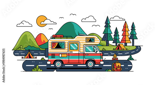 Camping rv illustration on road with nature scenery and tent
