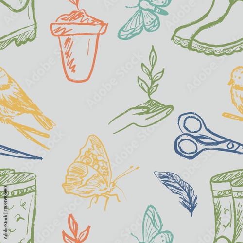 Seamless pattern with tit bird, butterfly, seedling, rubber boots. Spring gardening decor and textiles. Hand drawn vector sketch illustration in vintage doodle crayon charcoal style