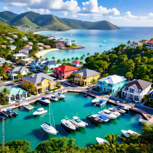 Colorful Marina and Tropical Hillside in St. Thomas, Eastern Caribbean