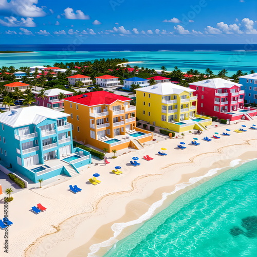 Colorful Beachfront Buildings and Turquoise Shoreline in Grand Turk