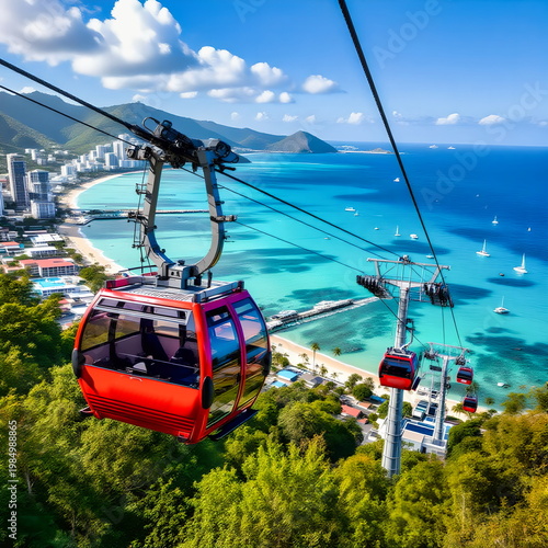Cable Cars Overlooking Tropical Coastline in St. Thomas, Eastern Caribbean