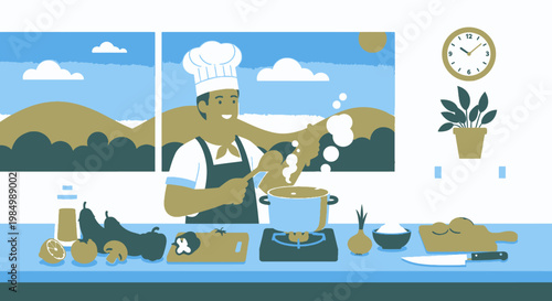 Chef cooking in kitchen illustration with ingredients and equipment