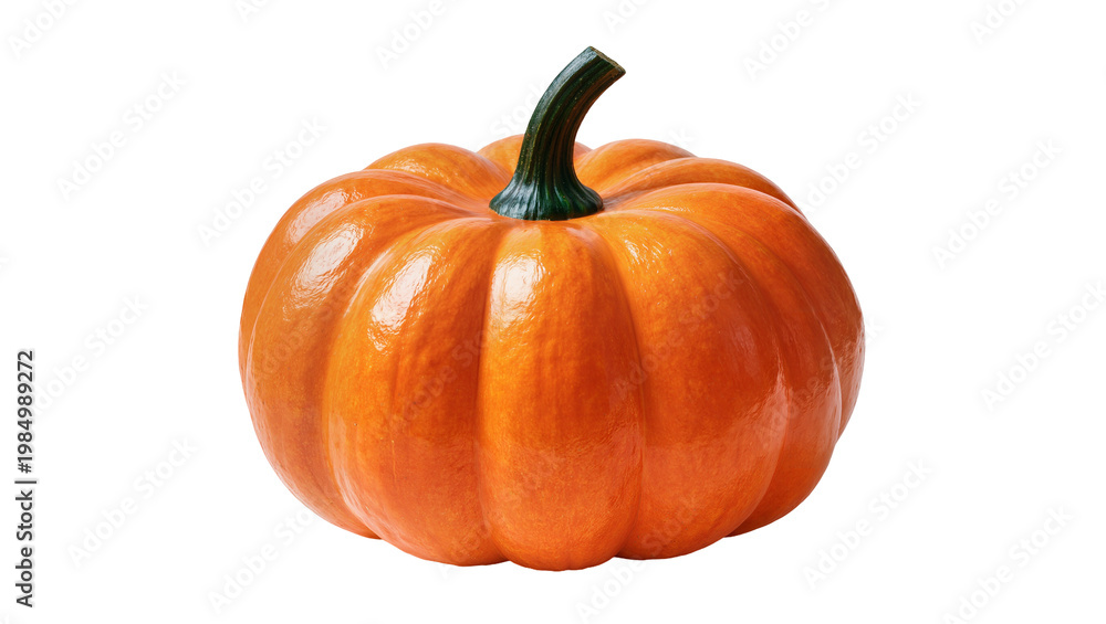 Obraz premium Bright orange pumpkin with green stem, isolated on transparent background