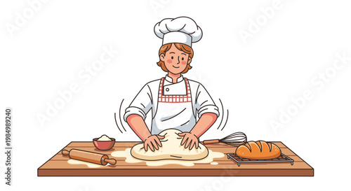 Chef kneading dough for baking on a wooden table in a white background