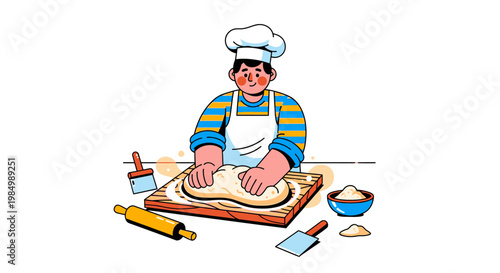 Chef kneading dough illustration on a wooden board with baking tools