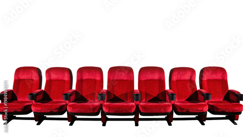 Cuadro en lienzo Row of plush red velvet cinema seats with cup holders, isolated on transparent b