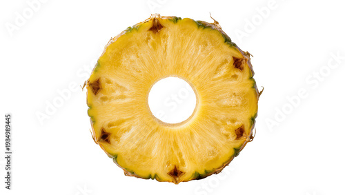 Bright yellow pineapple slice with central hole, isolated on transparent background