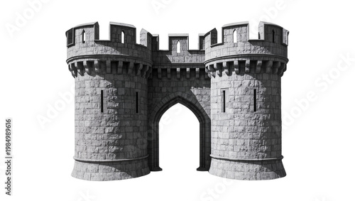Obraz na plátně Stone castle gatehouse with crenellations and arrow slits, isolated on transpare