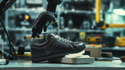 Automated robotic arm manufacturing and stitching a black leather sneaker in a modern industrial footwear factory