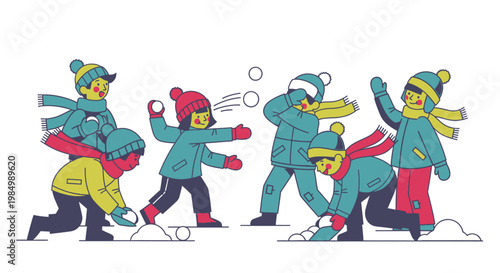 Children playing snowballs outdoors winter fun activity illustration