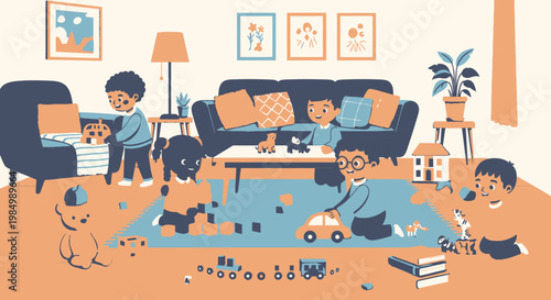 Children playing together inside a room with toys and furniture