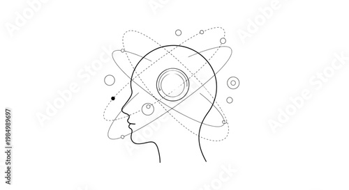 Minimalist line art illustration of a human head profile with orbital atom structures.