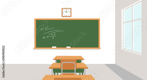 Classroom interior with desks blackboard and window illustrative graphic