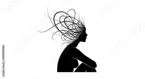 Silhouette of a woman with tangled hair representing mental chaos and stress.