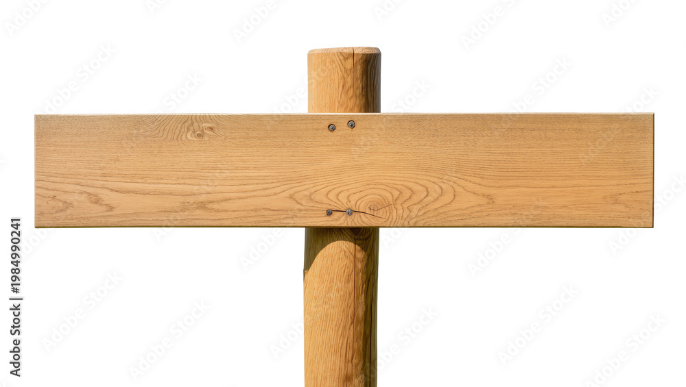 Fototapeta premium Wooden signpost with horizontal plank and vertical post, isolated on transparent background