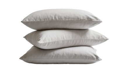 Stack of three soft linen pillows, isolated on transparent background