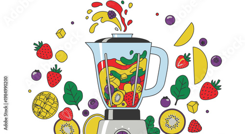 Colorful blender illustration with fruits creating healthy fruit smoothie artwork