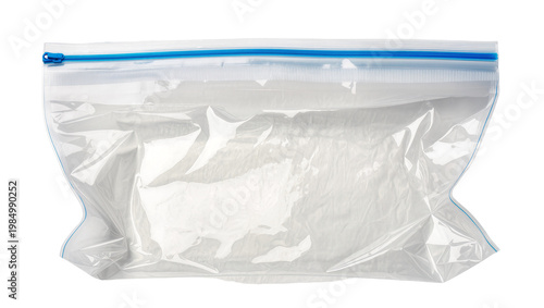 Foto Empty clear plastic resealable zipper bag with blue slider, isolated on transpar