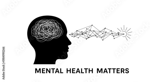 Mental health awareness concept with human head silhouette and tangled thoughts becoming clarity.