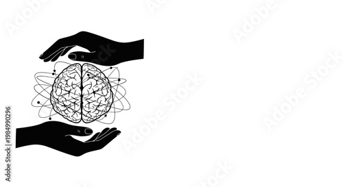Black silhouette of hands holding a stylized human brain with orbital neural network connections.