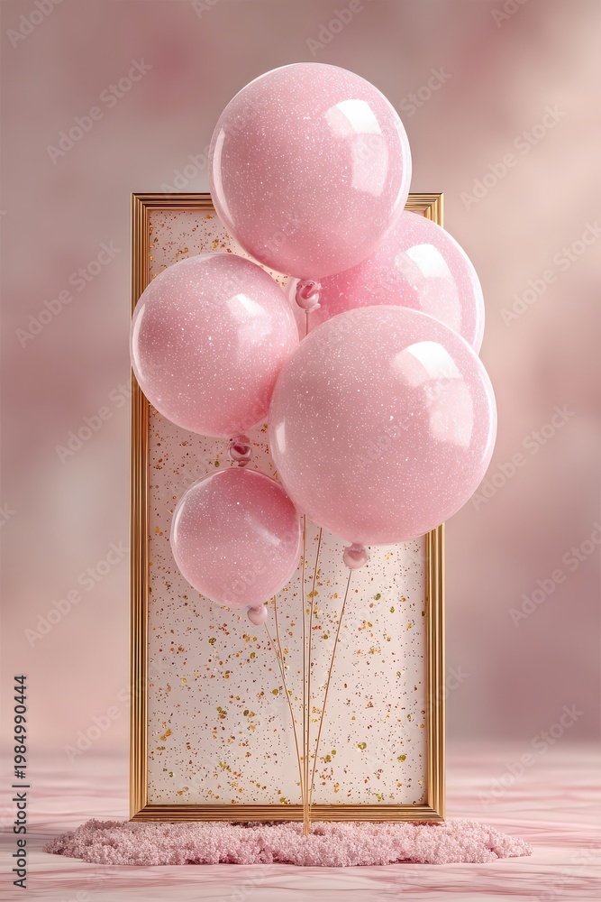 Obraz premium Pink balloons with glitter framing a festive golden bordered background