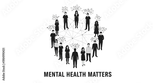 Mental health matters concept with people forming a circle network.