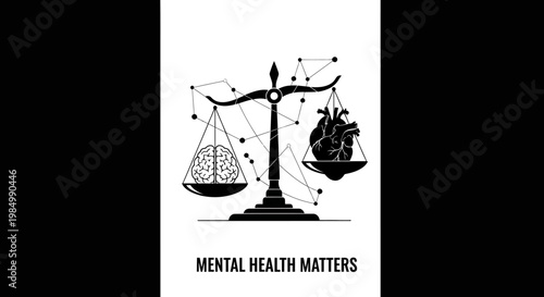 Mental health matters concept with brain and heart on a scale.