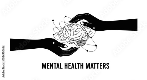 Mental health matters concept with hands protecting a human brain illustration.