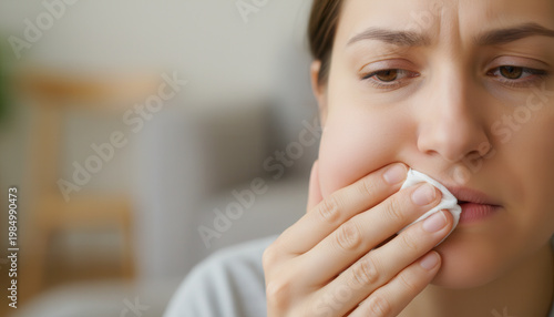 Unhappy young woman holding a white tissue to her swollen cheek while suffering from dental pain. healthcare issue, medical problem, stressful condition.