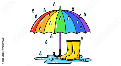 Colorful umbrella with raindrops and yellow boots illustration on white background