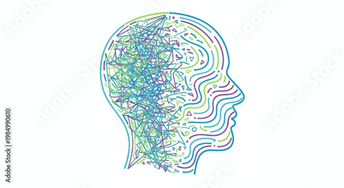 Abstract human head silhouette with chaotic scribble and orderly line patterns representing mental state.