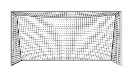 White metal soccer goal with black net, isolated on transparent background