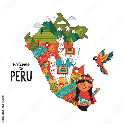 Illustrated map of peru featuring llamas a girl and iconic landmarks