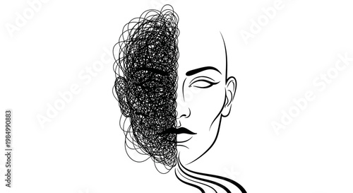Abstract illustration of human face split between clarity and mental chaos.