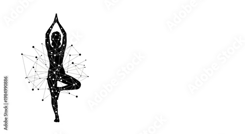 Abstract polygonal yoga tree pose silhouette with cosmic starry texture.